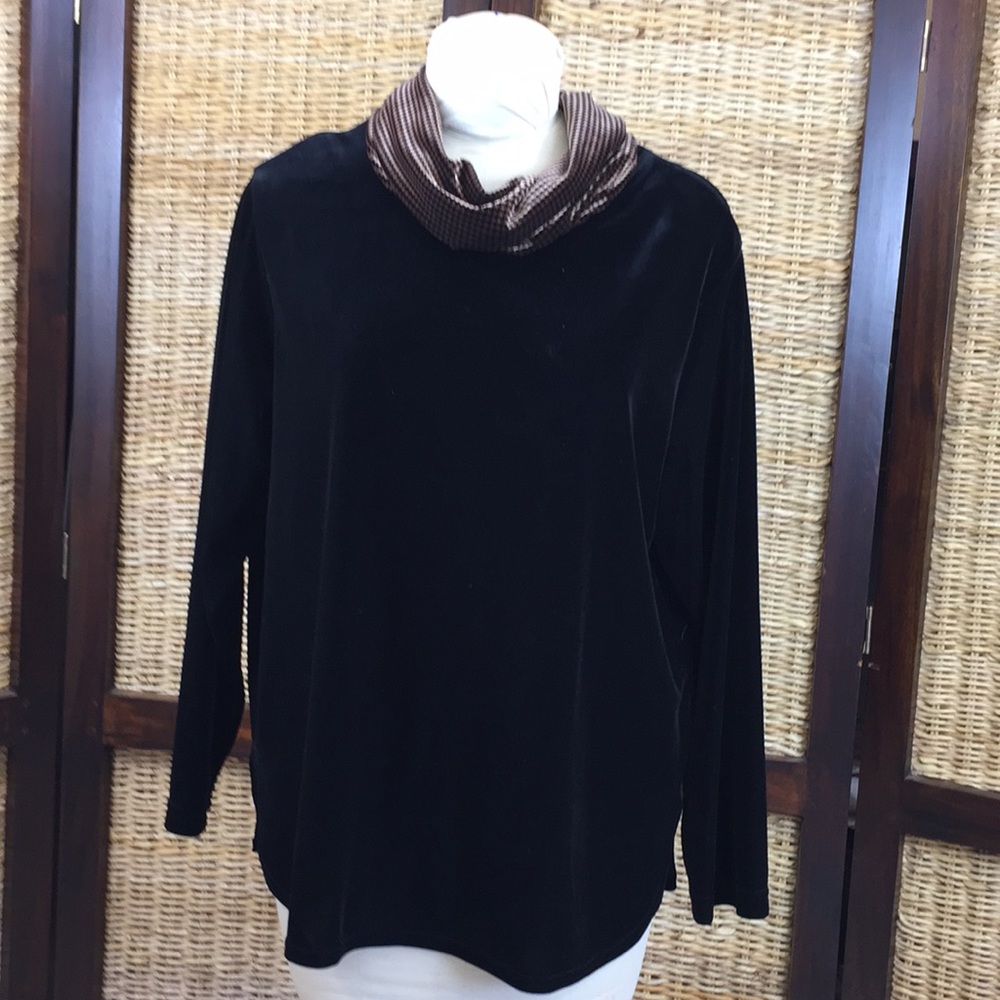 Black Velvet Long Sleeve Top Shirt Brown Collar XL